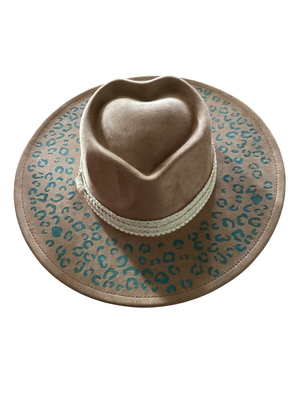 Brown Heart-Crown Fedora Hat with Painted Teal Leopard Print